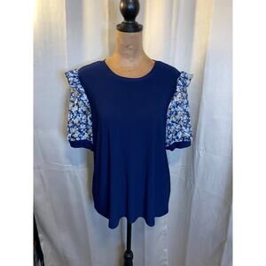 CeCe Womens Blue Floral Flutter Sleeve Blouse Top L  Ruffle Sleeve Stretch Knit